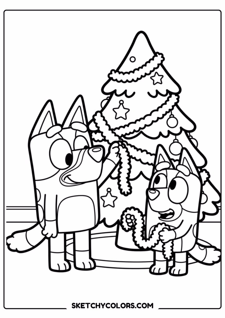 Bluey and Bingo Christmas tree coloring page free printable PDF