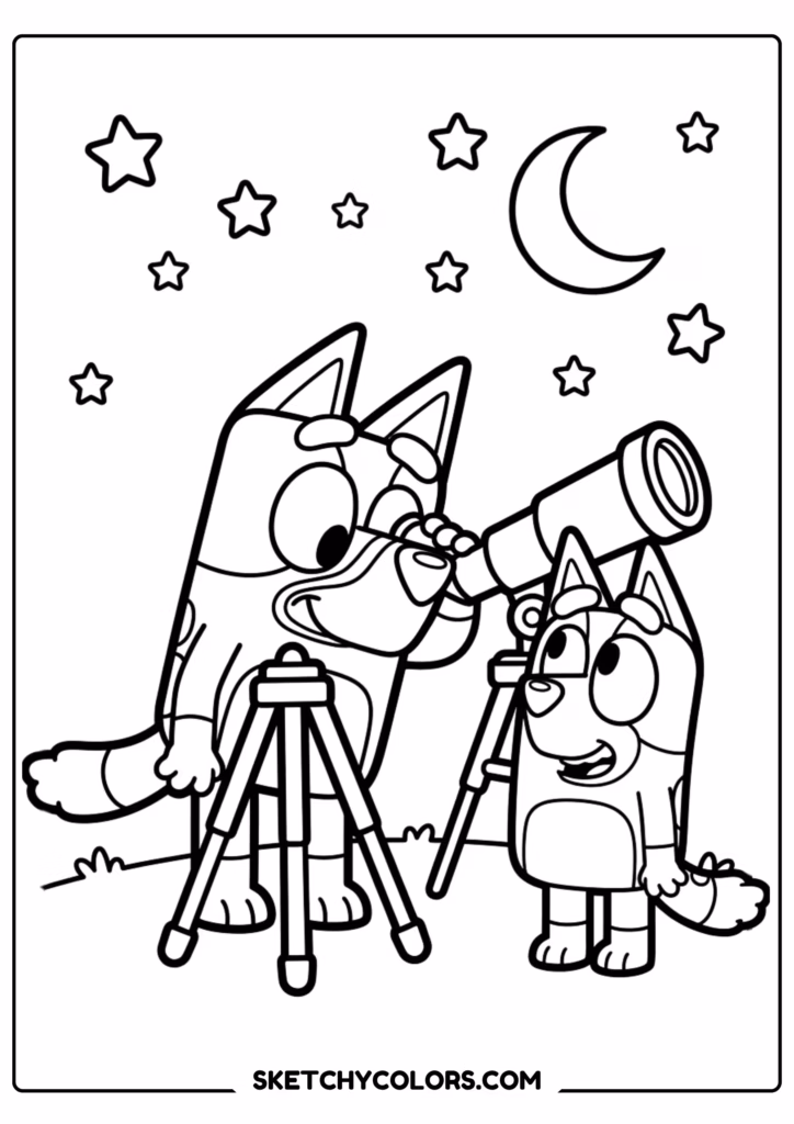 Bluey stargazing telescope coloring page free printable PDF
