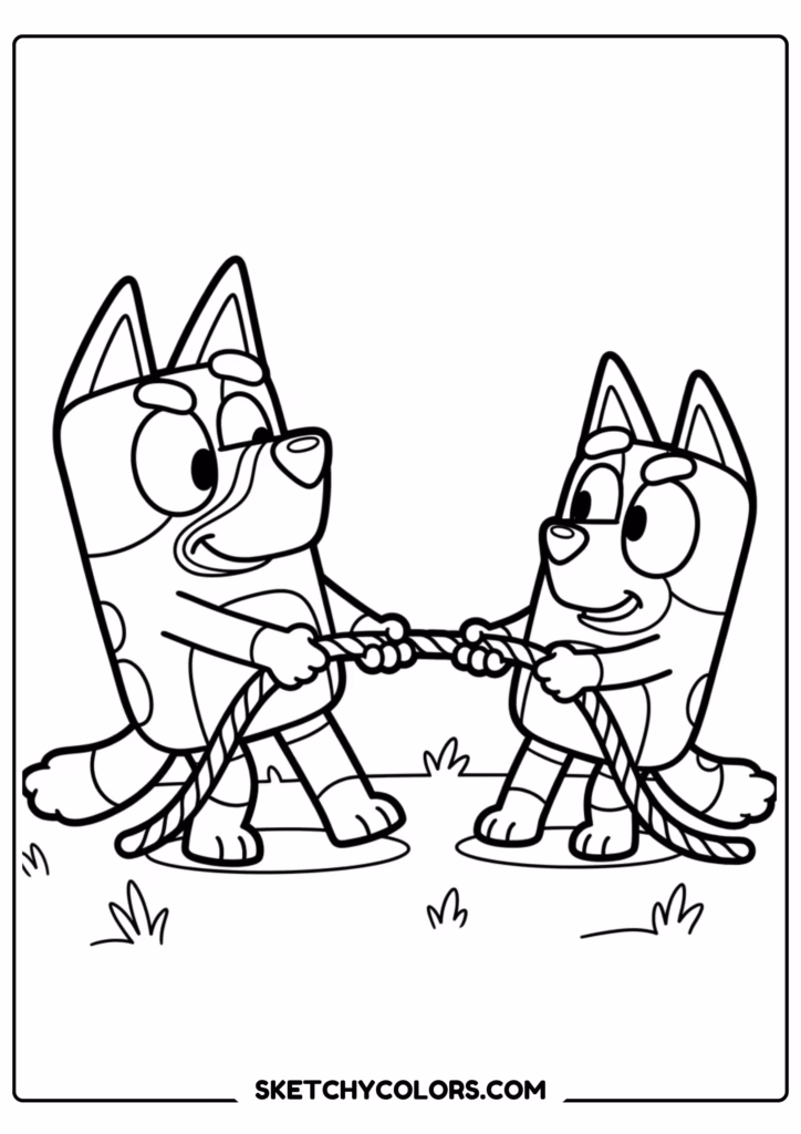 Bluey and Bingo fancy dress coloring page free printable PDF