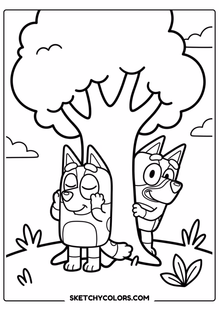 Bluey and Bingo outdoor adventure coloring page free printable PDF