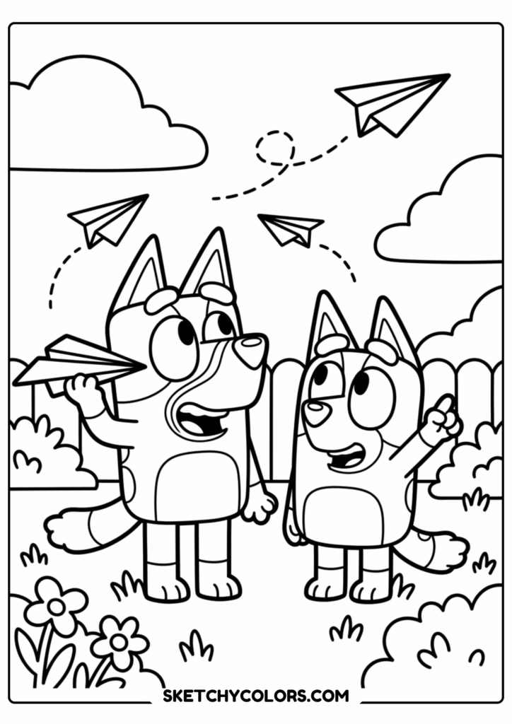 Bluey and Bingo paper airplanes coloring page free printable PDF