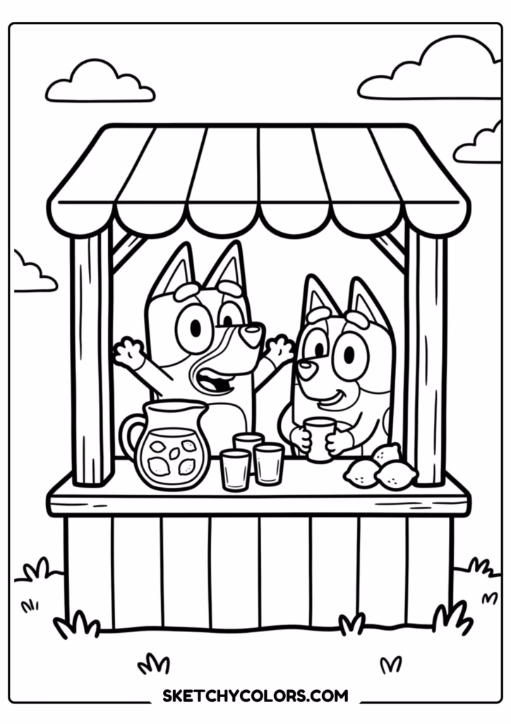 Bluey and Bingo lemonade stand coloring page free printable PDF