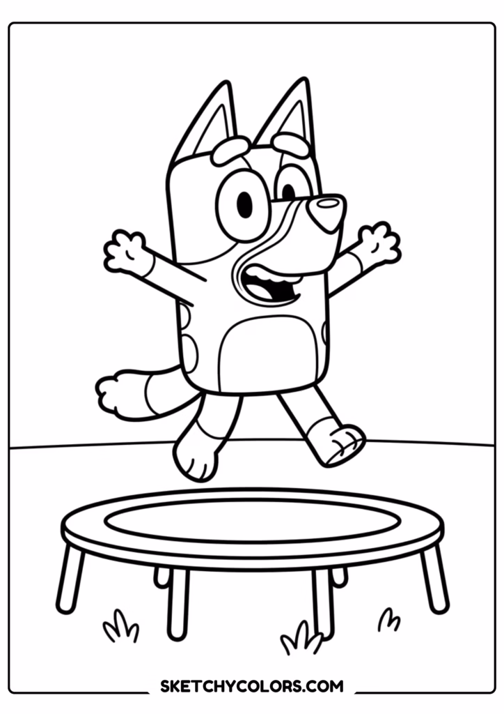 Bluey jumping trampoline coloring page free printable PDF