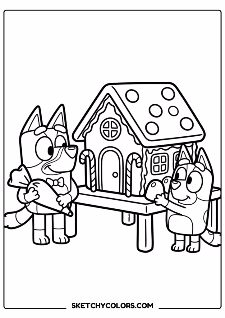 Bluey and Bingo gingerbread house coloring page free printable PDF