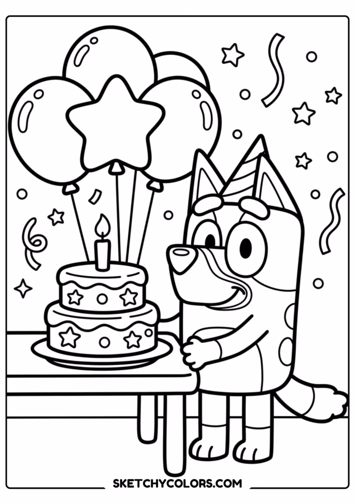 Bluey birthday party coloring page free printable PDF