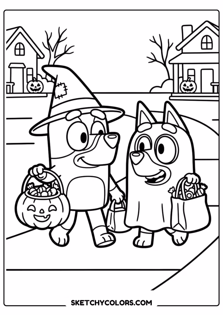 Bluey and Bingo Easter egg hunt coloring page free printable PDF