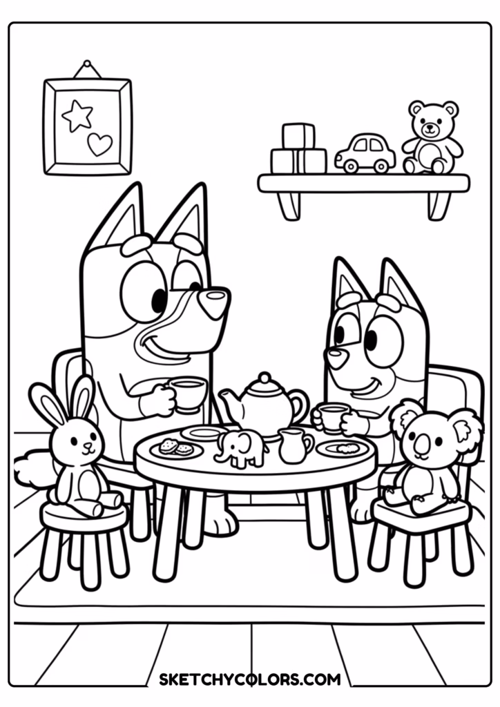 Bluey and Bingo tea party coloring page free printable PDF