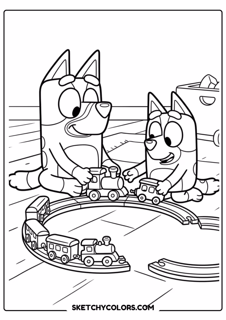 Bluey and Bingo beach day coloring page free printable PDF