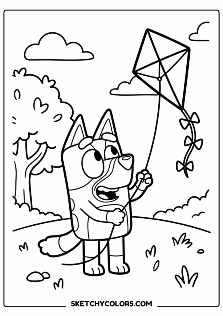 Bluey flying kite coloring page free printable PDF
