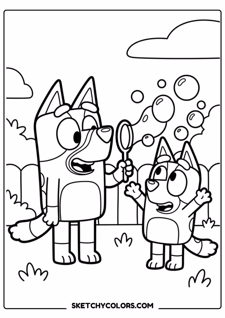 Bluey and Bingo blowing bubbles coloring page free printable PDF