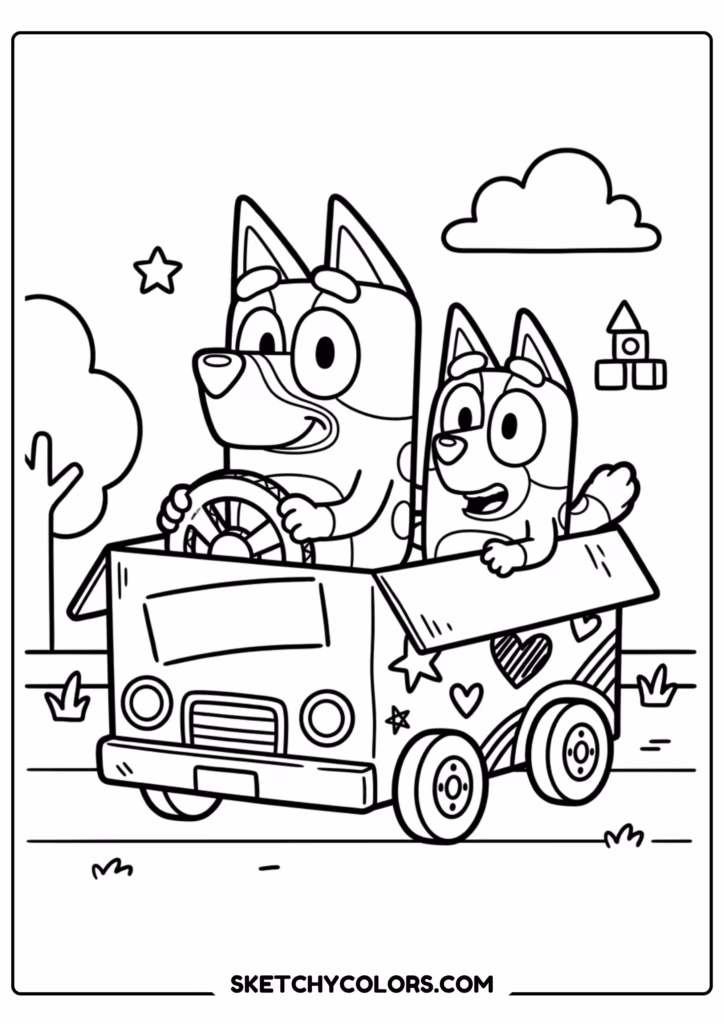 Bluey family car ride coloring page free printable PDF