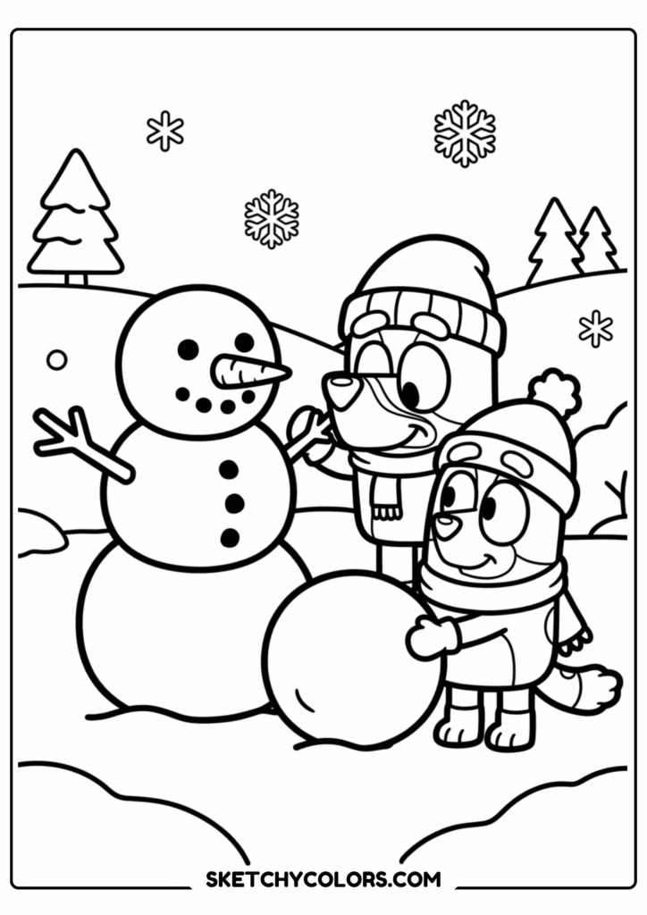 Bluey and Bingo snowman coloring page free printable PDF