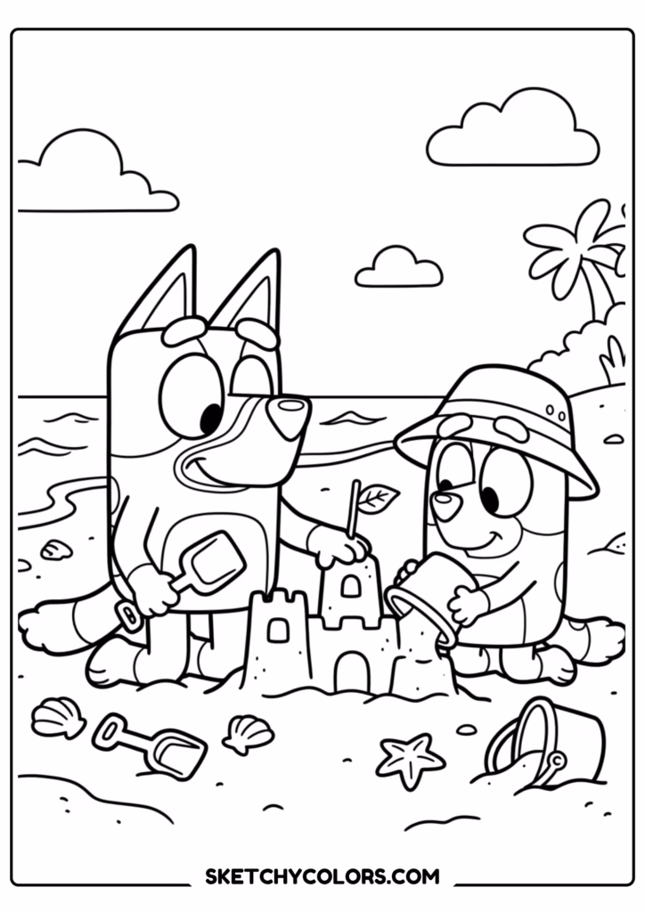 Bluey and Bingo safari coloring page free printable PDF