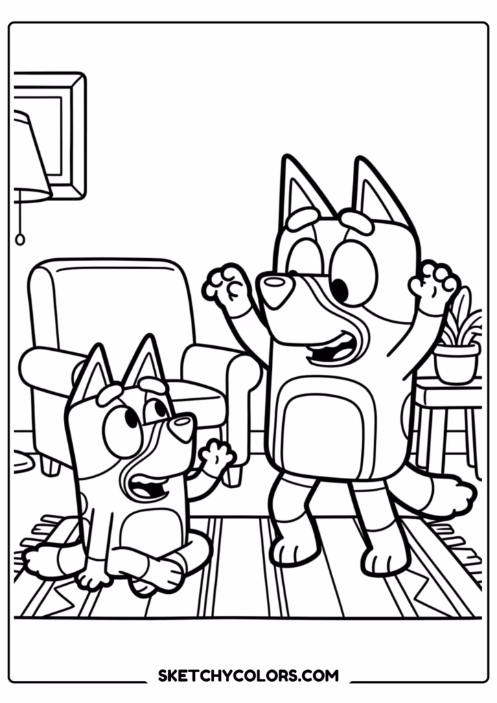 Bluey and Bingo movie night coloring page free printable PDF