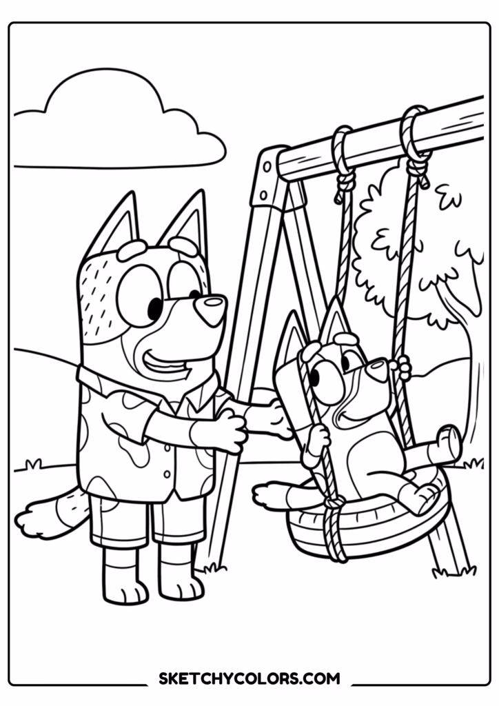 Bluey swing set coloring page free printable PDF