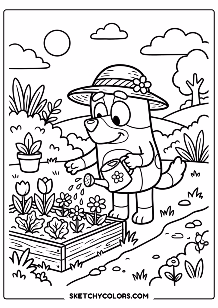 Bluey gardening coloring page free printable PDF