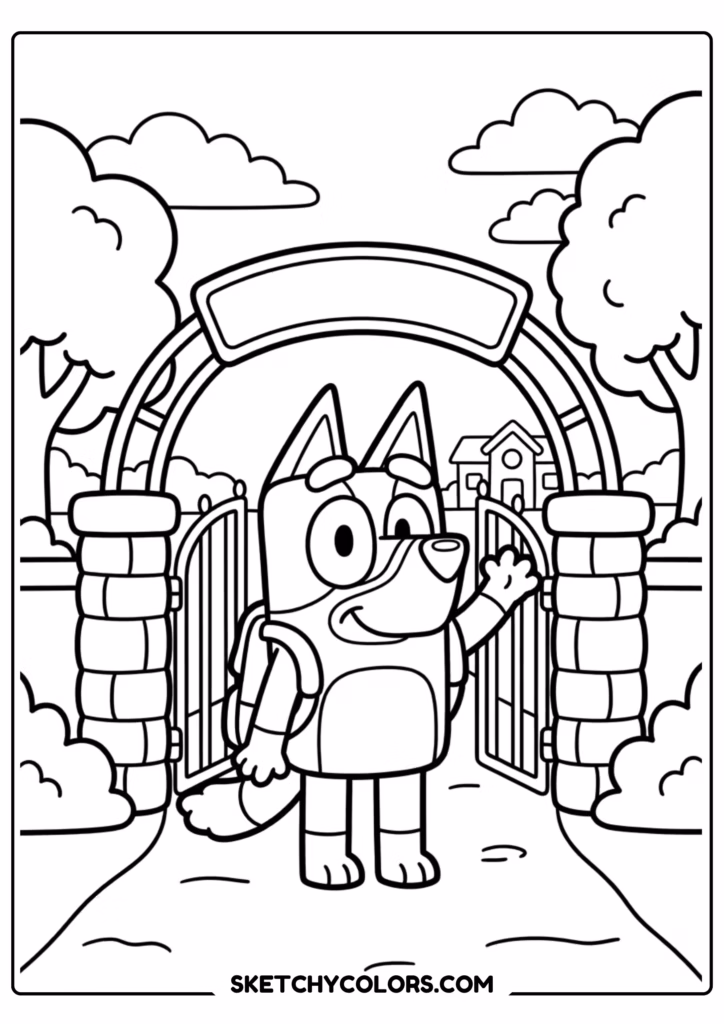 Bluey running in park coloring page free printable PDF