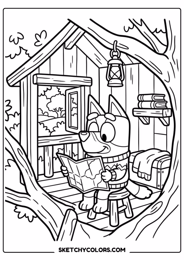 Bluey treehouse reading coloring page free printable PDF