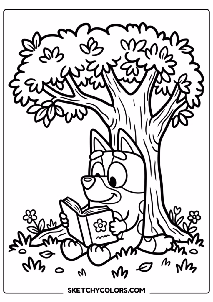 Bluey sitting in tree coloring page free printable PDF