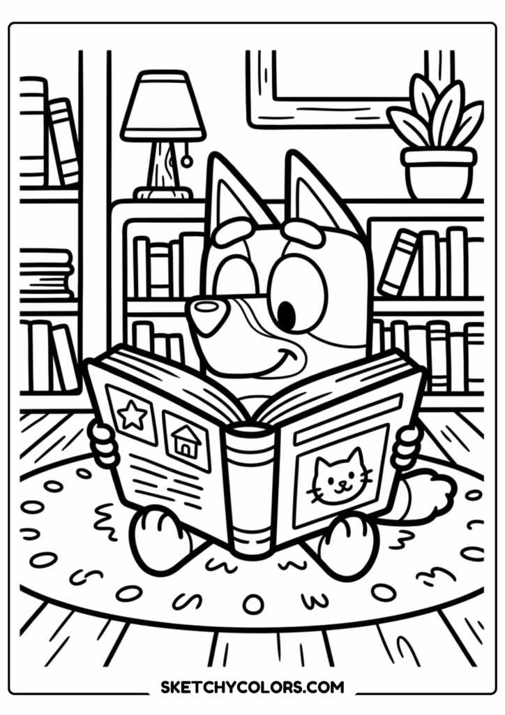 Bluey library reading coloring page free printable PDF