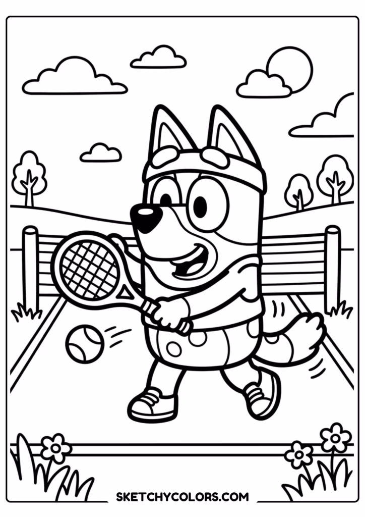 Bluey tennis coloring page free printable PDF
