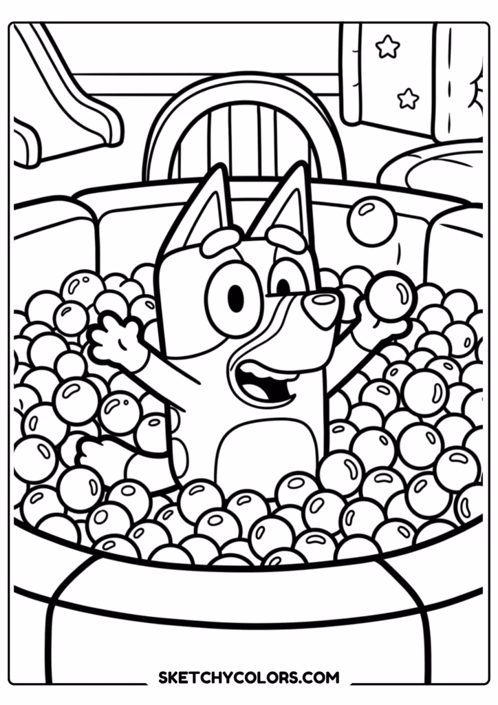 Bluey and Bingo ball pit coloring page free printable PDF