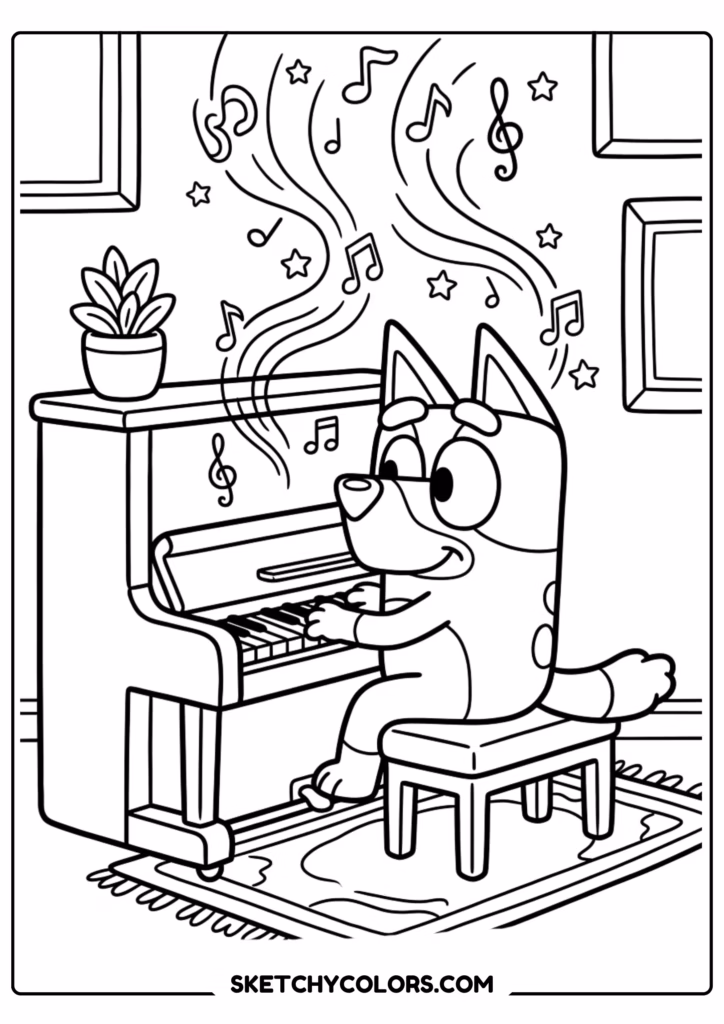 Bluey piano coloring page free printable PDF