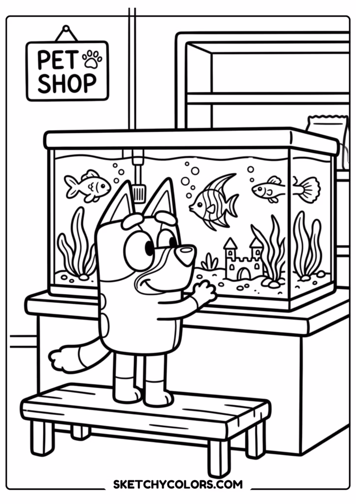 Bluey pet shop fish tank coloring page free printable PDF