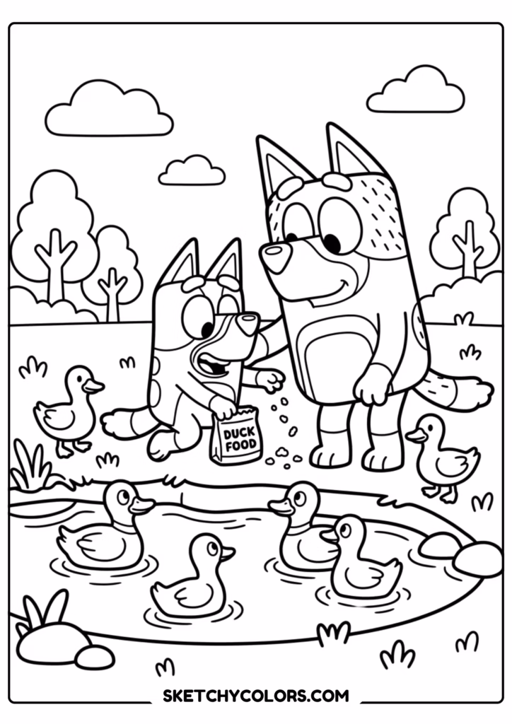 Bluey and Bingo feeding ducks coloring page free printable PDF