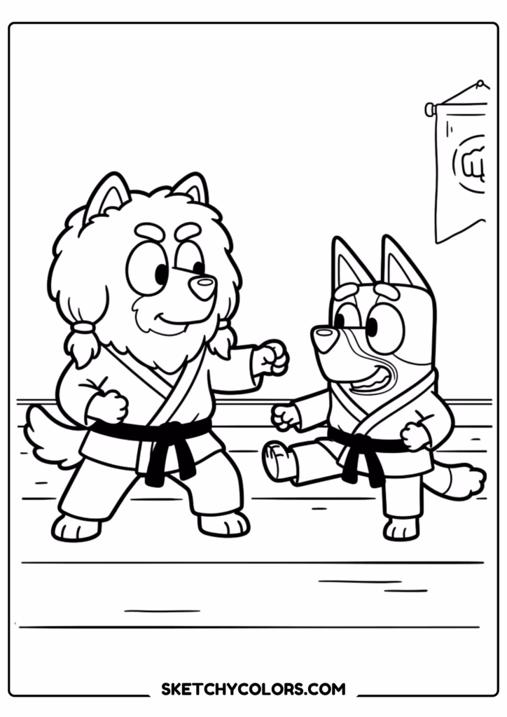 Bluey and Judo karate coloring page free printable PDF