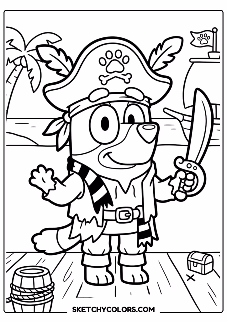Bluey pirate sword coloring page free printable PDF