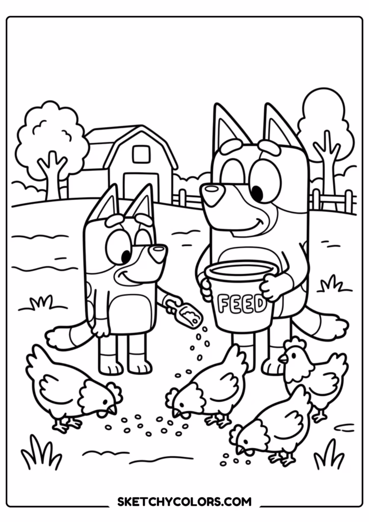 Bluey and Bingo farm coloring page free printable PDF