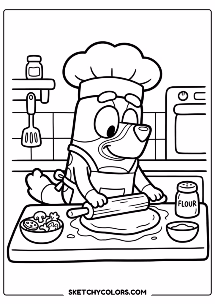 Bluey chef cooking coloring page free printable PDF