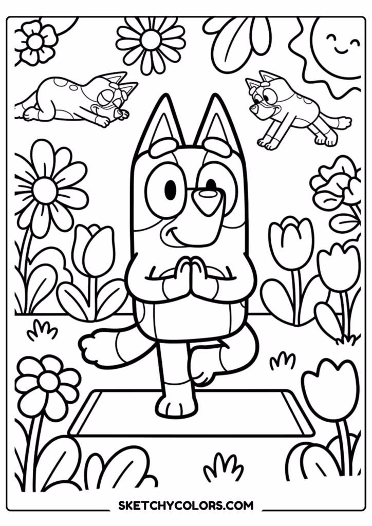 Bluey chasing butterflies coloring page free printable PDF