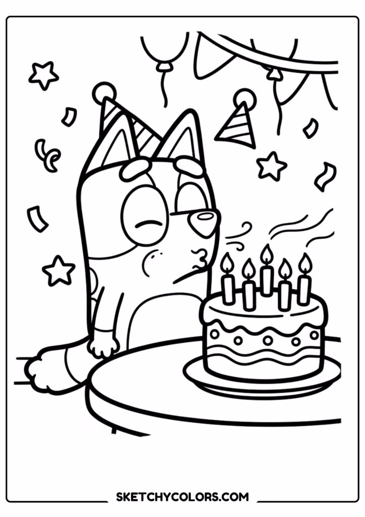 Bluey birthday hat party coloring page free printable PDF