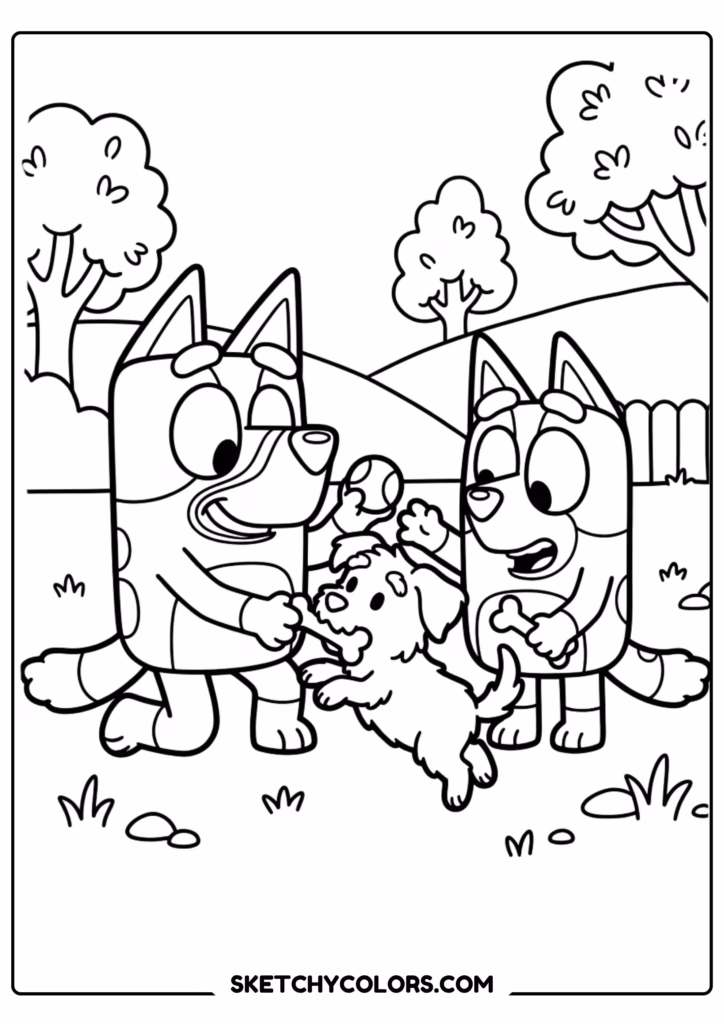 Bluey family picnic party coloring page free printable PDF