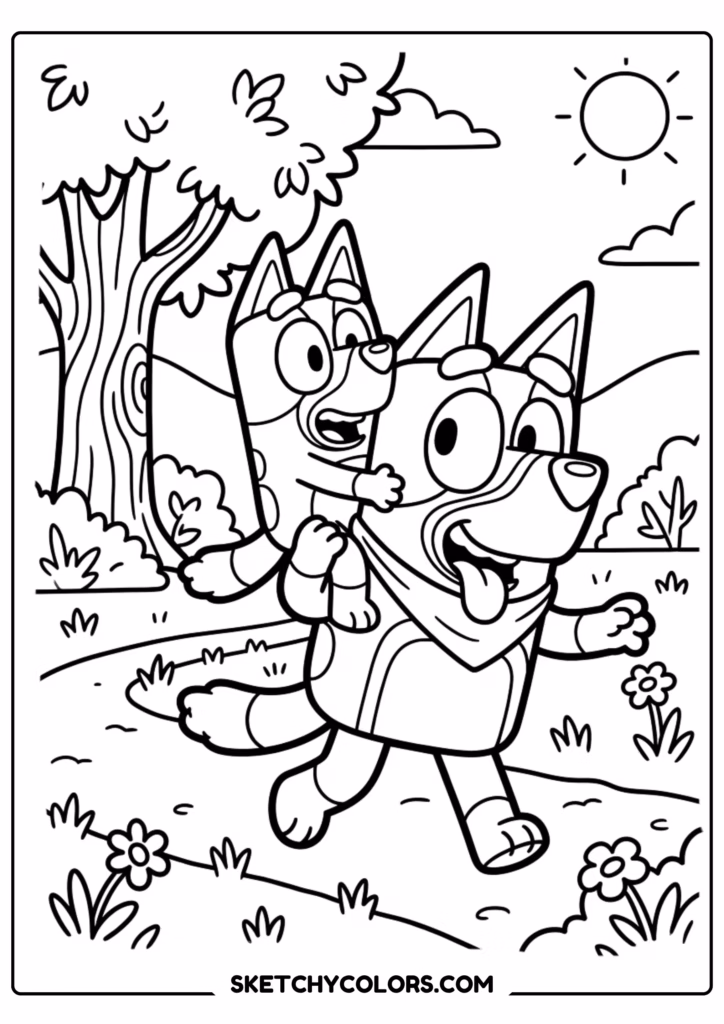 Bluey family outdoor adventure coloring page free printable PDF