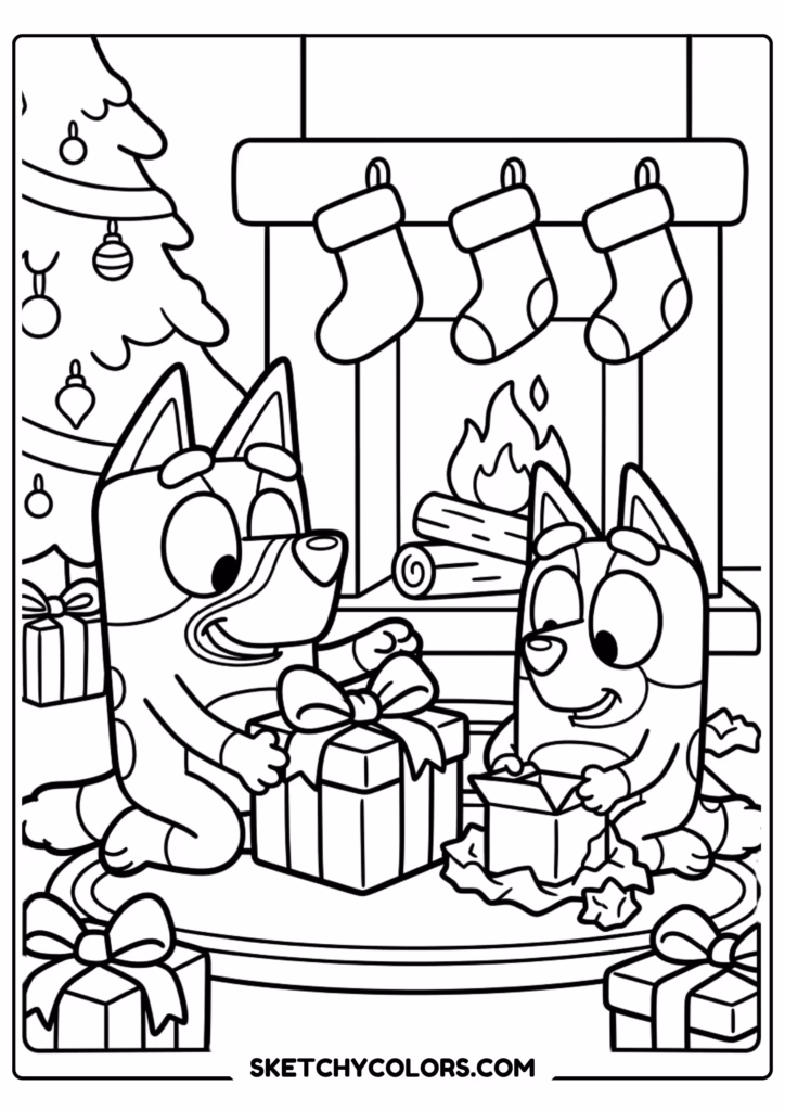 Bluey family Christmas coloring page free printable PDF