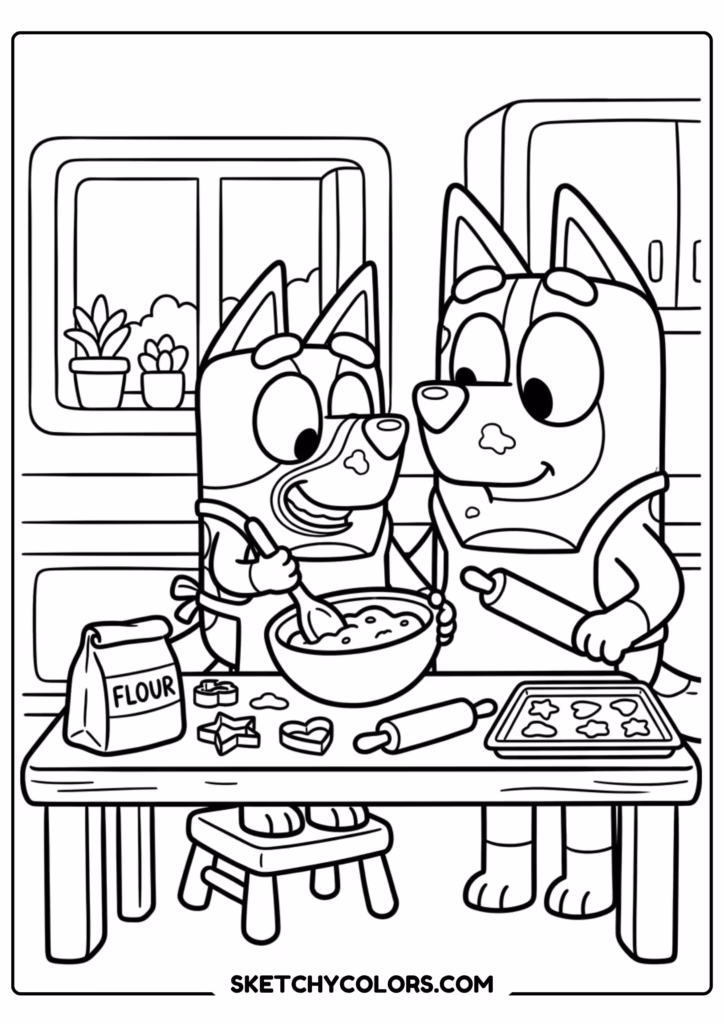 Bluey and Bingo bus coloring page free printable PDF