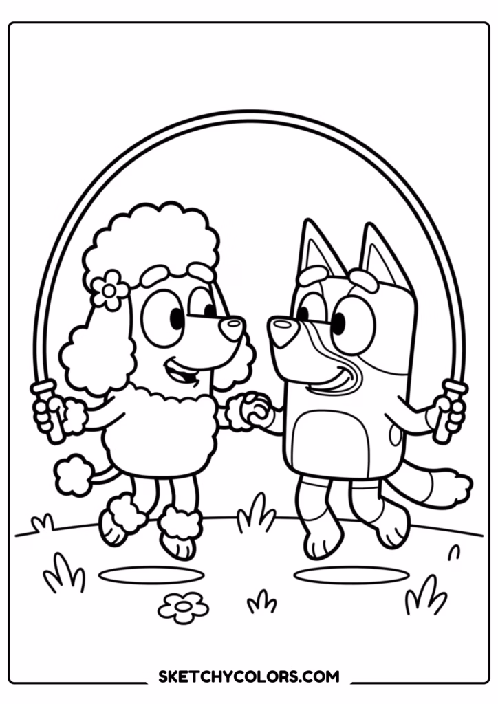 Bluey and Bingo jump rope coloring page free printable PDF