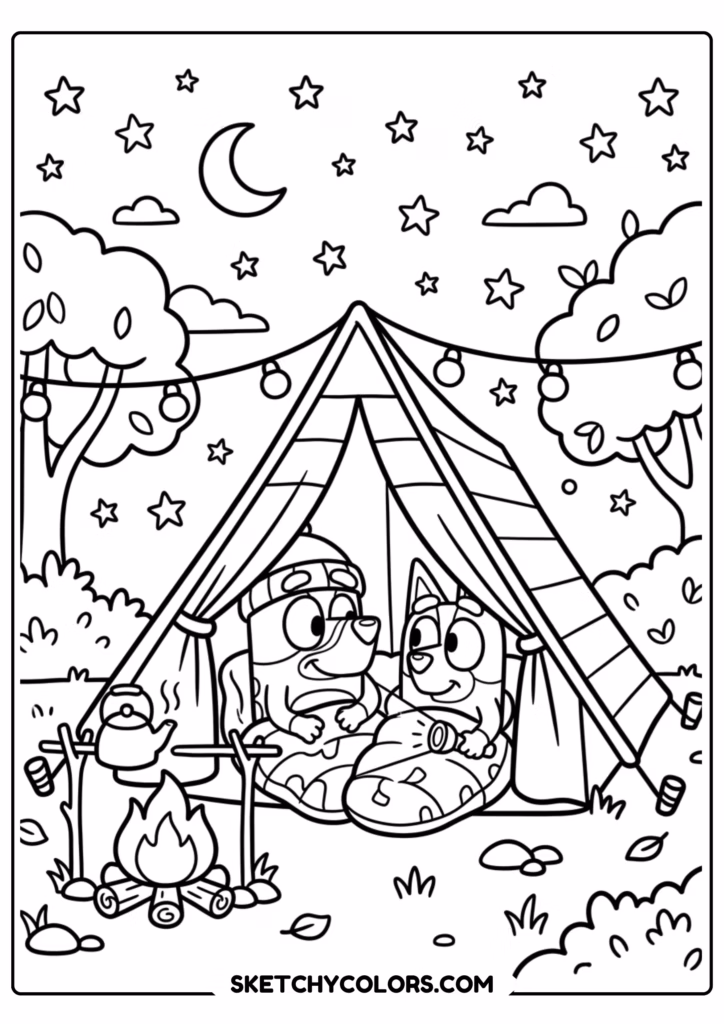 Bluey and Bingo camping coloring page free printable PDF
