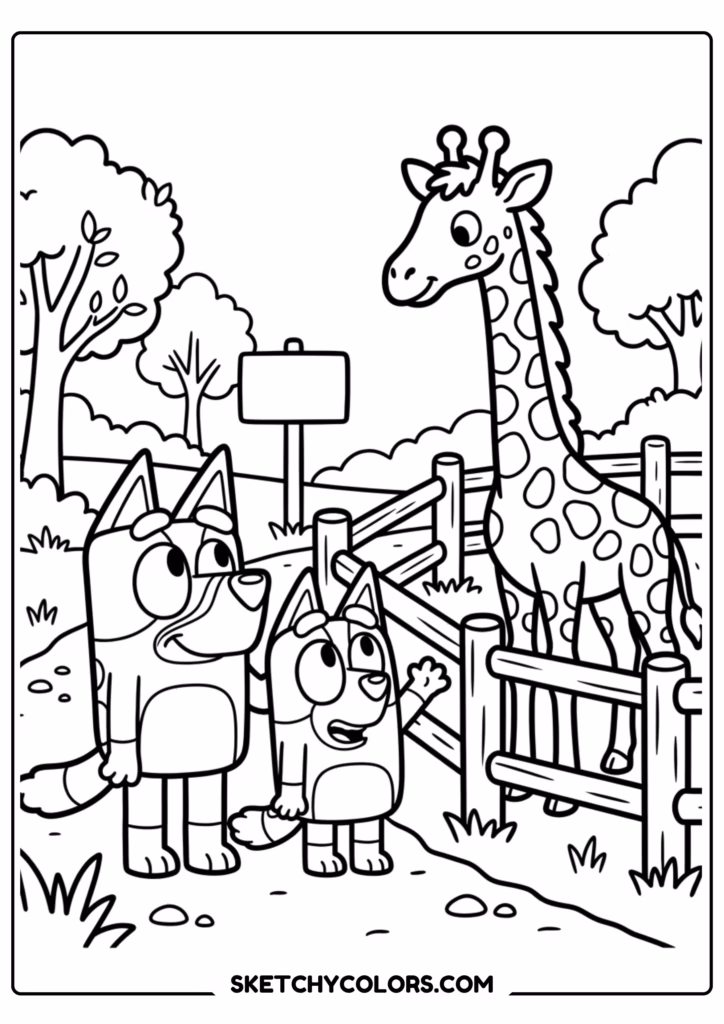 Bluey and Bingo zoo coloring page free printable PDF