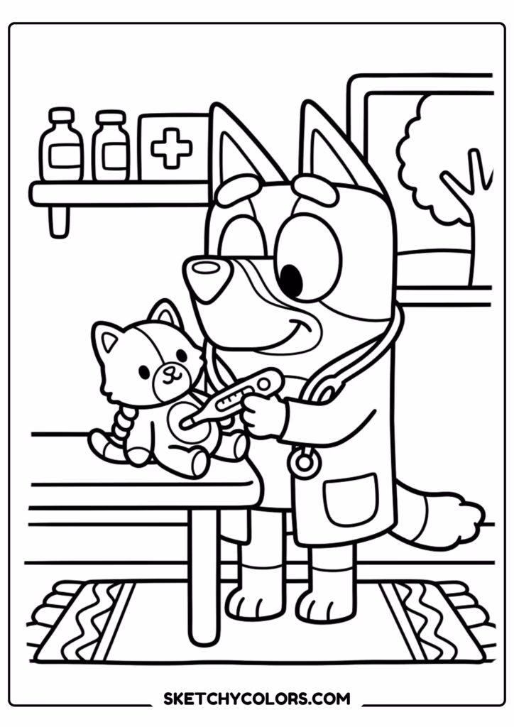 Bluey at vet coloring page free printable PDF