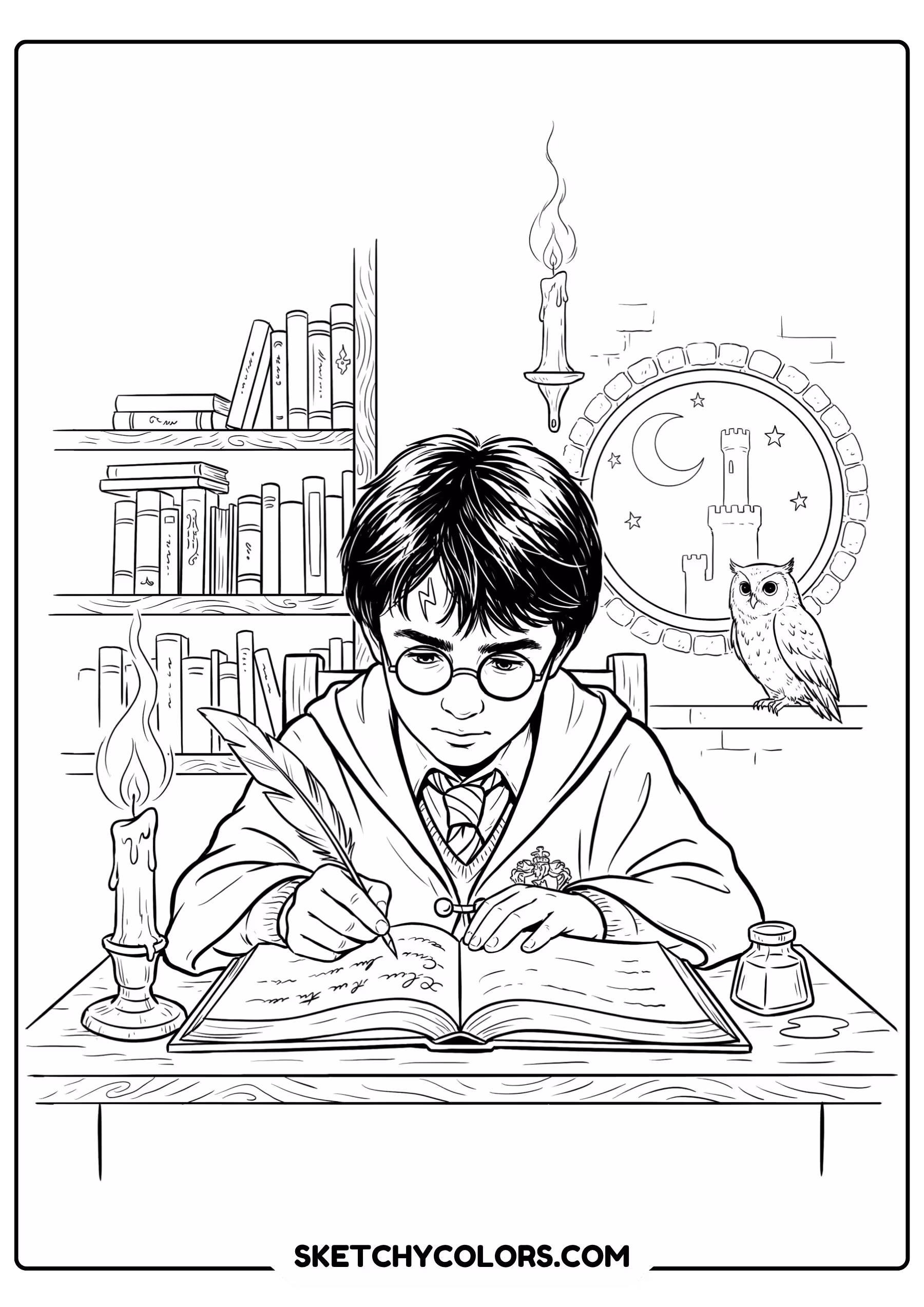 harry potter writing free coloring sheet for kids