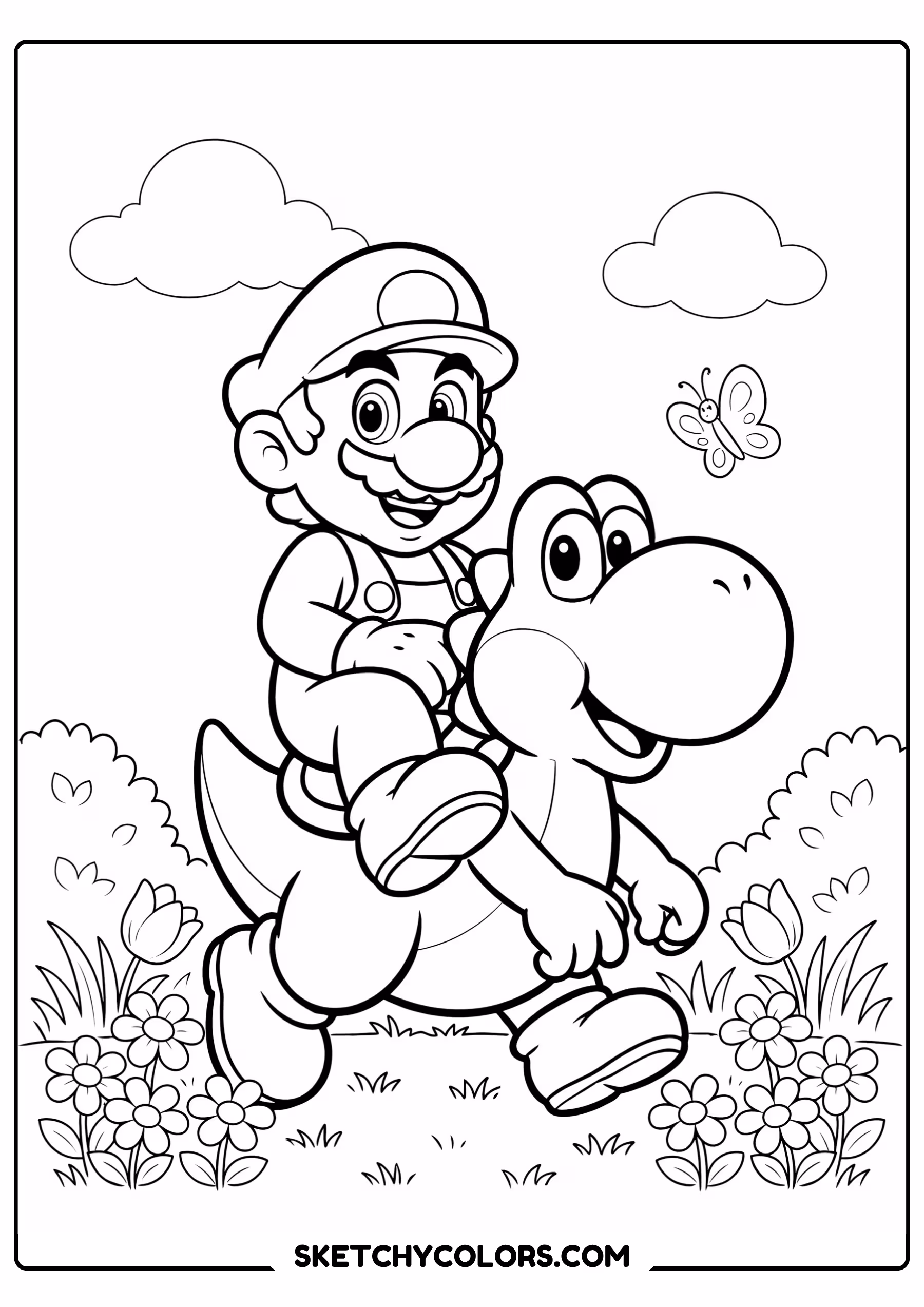 mario riding yoshi free coloring sheet for kids
