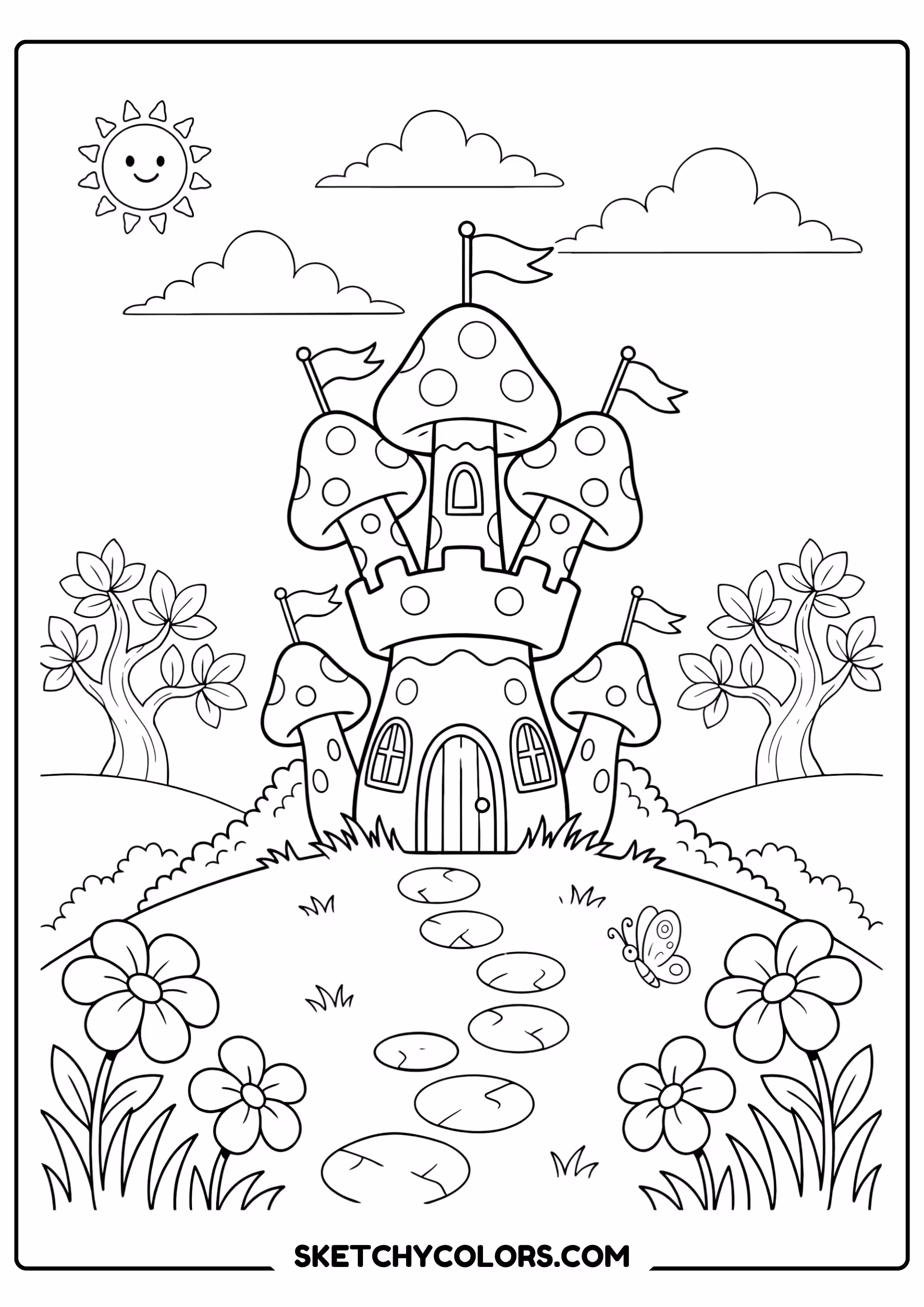 mushroom castle printable coloring page pdf