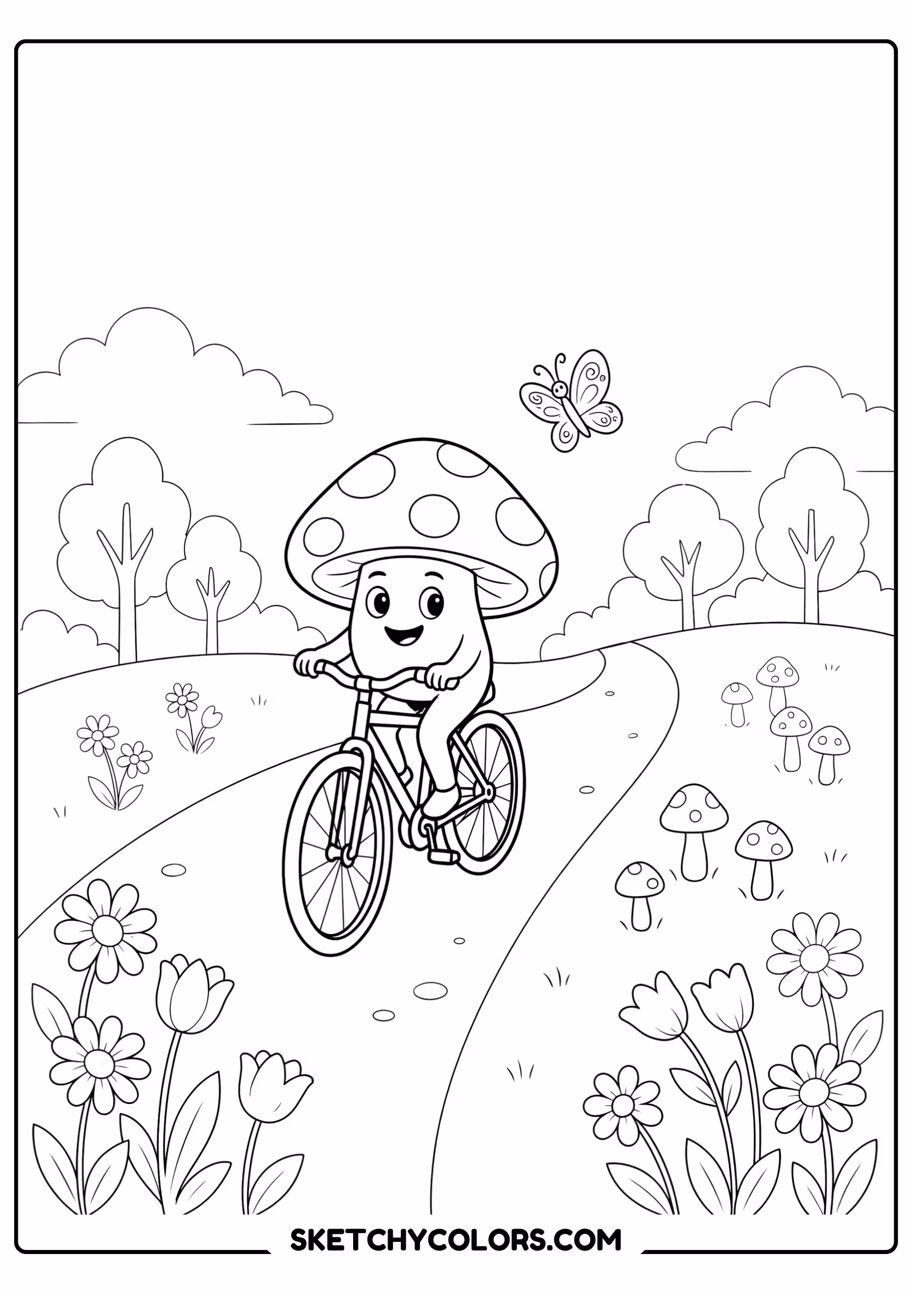 mushroom on a bicycle free coloring sheet for kids