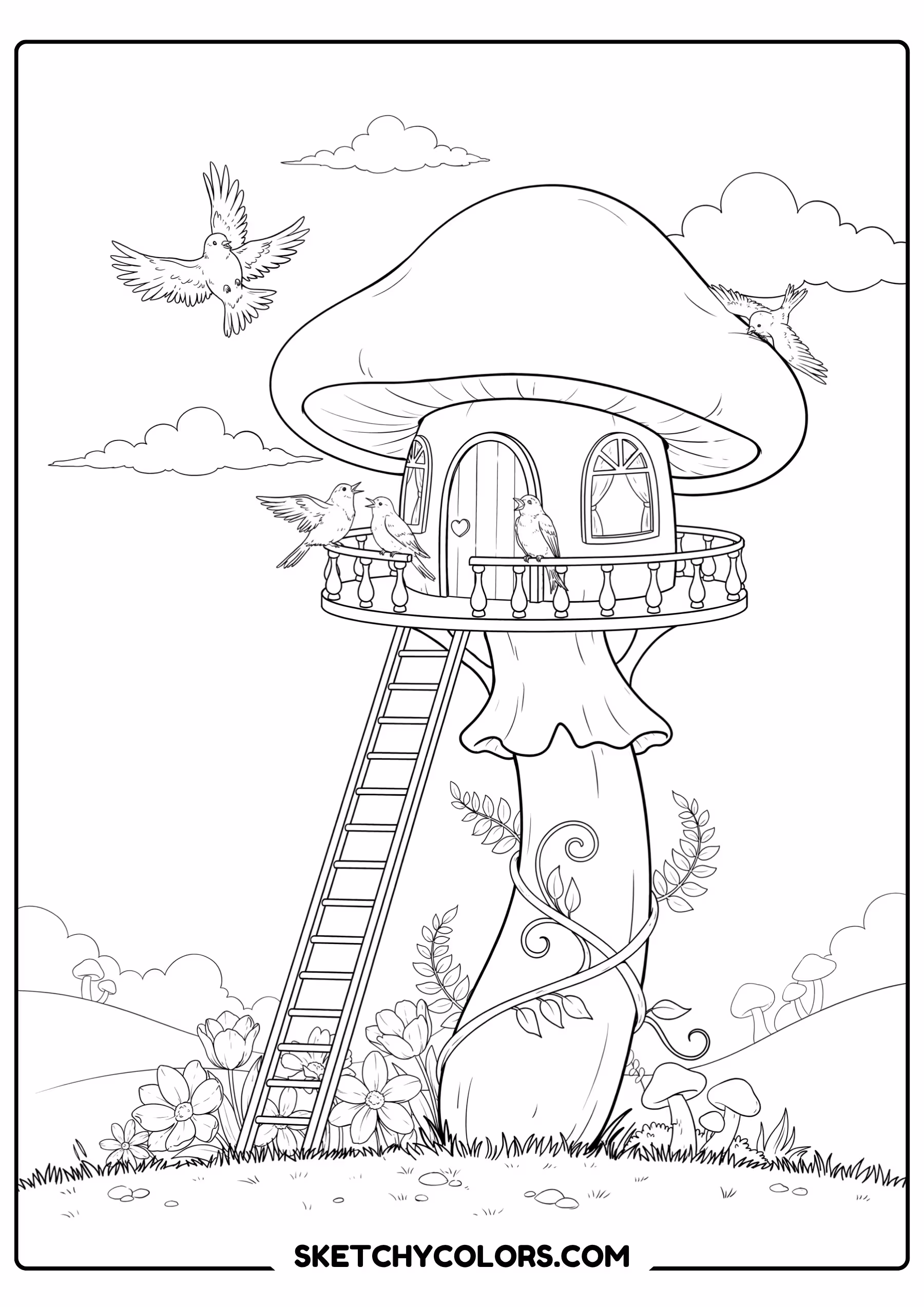 mushroom treehouse free printable coloring sheet