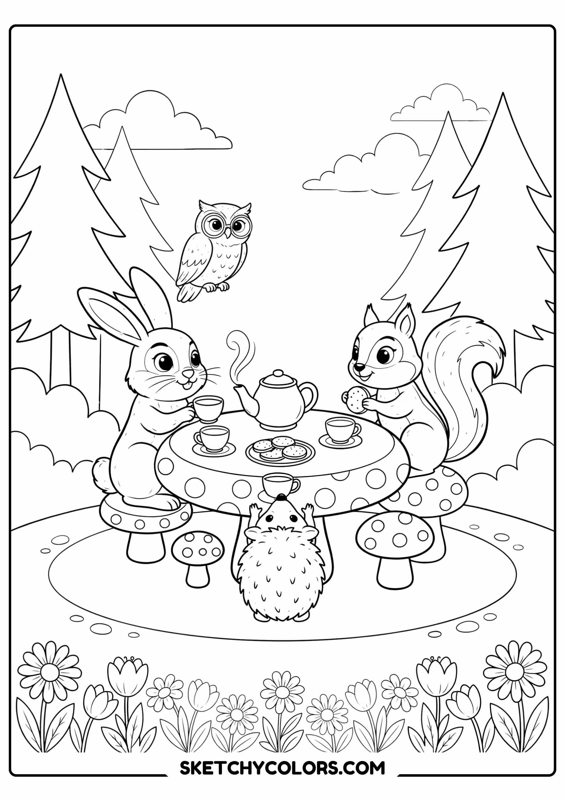 mushroom tea party free pdf coloring page