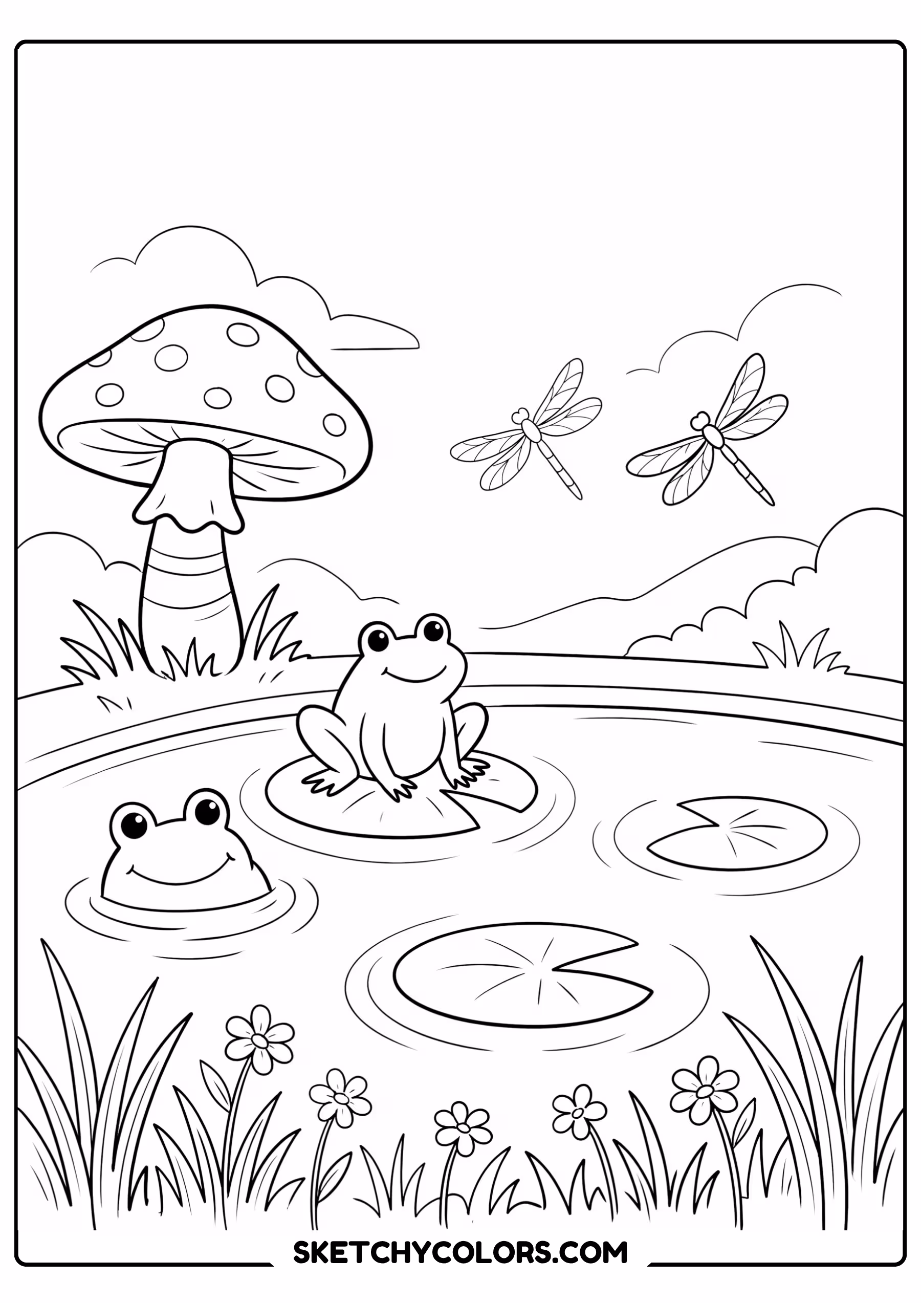 mushroom by the pond printable coloring sheet